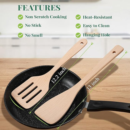 3Pcs Wooden Spatulas, 12inch Long Handle Slotted Turner Spatula Set, Uncoated Beech Wood Cooking Spoons for Non-Stick Cookware, Kitchen Utensils Set for Frying, Flipping, Scraping and Turning - Image 6