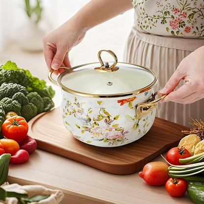 SOUJOY 2.8 Quart Enamel Stockpot with Glass Lid, Vintage Floral Soup Pot, Non-Stick Bean Stew Simmer Pot with Handle for Kitchen, Induction & Gas Stove Safe, Mother's Day, Wedding, Christmas Gift - Image 6