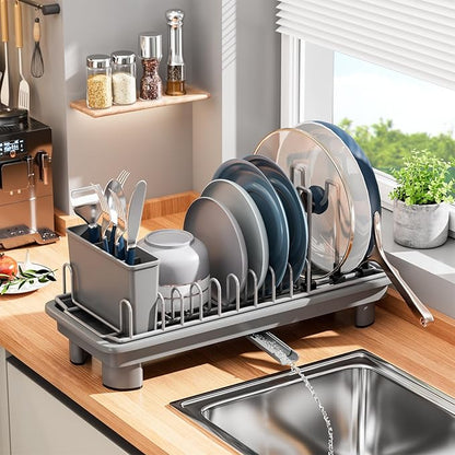 SanDream Small Dish Drying Rack with Removable Utensil Holder & Anti-Scratch Base - Stainless Steel Dish Rack, Dish Drying Rack with Drainage & Space Saving Design for Kitchen Counter, Gray by SanDream
