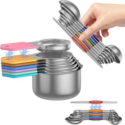 Magnetic Measuring Cups and Spoons Set - 304 Stainless Steel | Dual-sided Design | Set of 15 with Leveler | Strong N52 Magnetic Nesting Design | for Dry & Liquid Ingredients (Colorful) by Abtrino