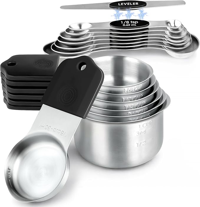 Magnetic Measuring Cups & Spoons Set, Strong N45 Magnets, Heavy Duty Stainless Steel Fits in Spice Jars for Baking & Cooking, BPA Free, Round Set of 15 with Leveler,Dark Black by vfuni