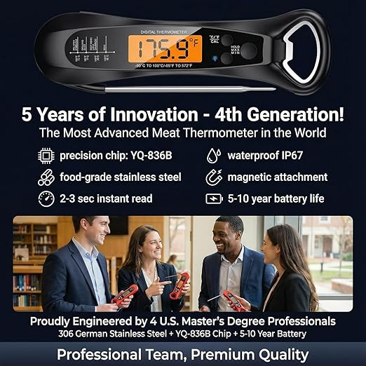 Therm Pro® Chef Meat Thermometer Digital, 1 Sec Instant Read, NIST® Certified Accurate to ±0.5℉, Ultra Bright LED Screen, 100% Waterproof, Auto-Rotate, for BBQ, Turkey, Candy, Liquids Christmas Gift