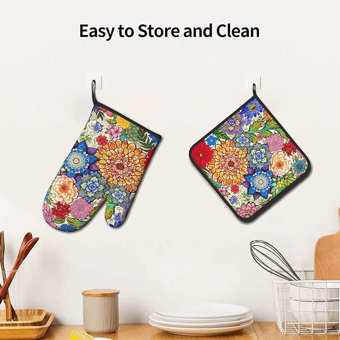Boho Floral Oven Mitts and Pot Holders Sets of 3, Colorful Flowers Heat Resistant Kitchen Gloves Hot Pads, Chef Baking Gifts for Baker Women Mom Wife, Spring Easter Kitchen Gifts for Cooking Lover - Image 5