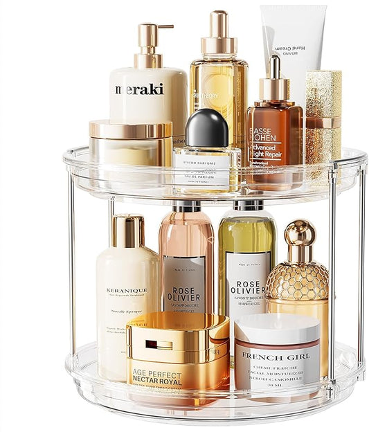 LAMU Rotating Makeup Organizer for Vanity, 10.6in 2 Tier Lazy Susan Turntable Stackable Spinning Skincare Organizer Cosmetic Perfume Tray Display for Bathroom Counterop, Large Capacity, Clear by YourHome-OrganizationHelper
