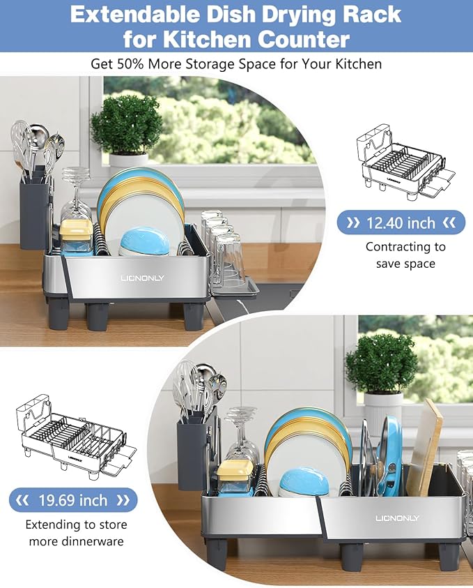 Dish Drying Rack, 304 Stainless Steel Expandable Dish Rack with Adjustable Drain Spout, Large Capacity Dish Drainer with Utensil Holder, Cup Holder and Cutting Board Rack for Kitchen Counter, Gray - Image 3