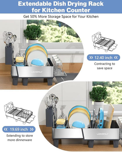 Dish Drying Rack, 304 Stainless Steel Expandable Dish Rack with Adjustable Drain Spout, Large Capacity Dish Drainer with Utensil Holder, Cup Holder and Cutting Board Rack for Kitchen Counter, Gray - Image 3