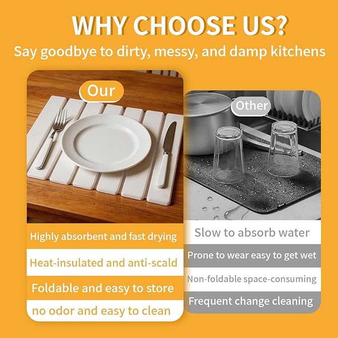Stone Dish Drying Mat for Kitchen Counter, 16''×12'' Quick Dry Stone Dishes Mats Foldable Water Absorbing Diatomaceous Earth Drying Organizer Mat for Dishes Utensils Bottles Any Countertop(White) - Image 5