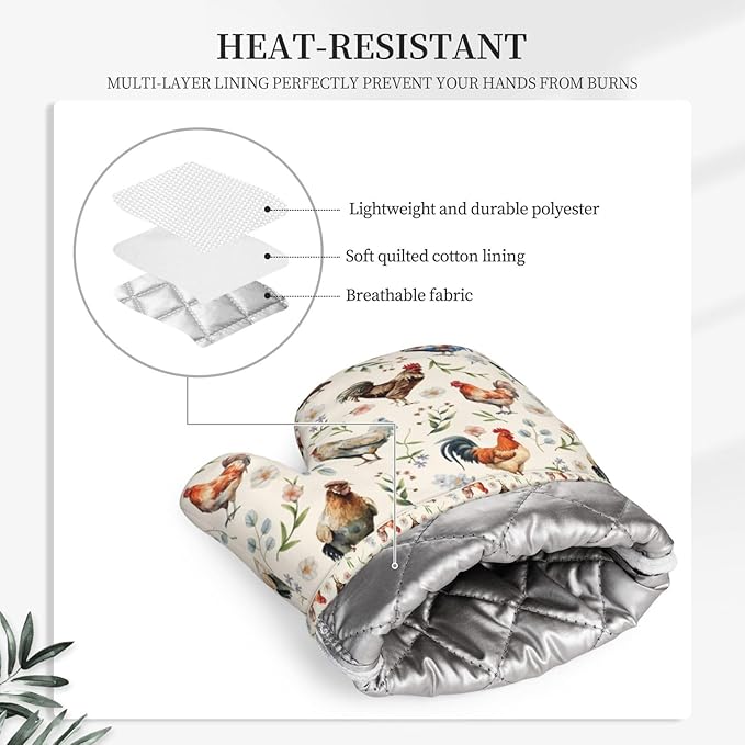 Cute Chicken Oven Mitts and Pot Holders Set, Heat Resistant & Non-Slip Silicone Oven Gloves for Handling Hot Pots, Pans, Baking, Grilling and BBQ