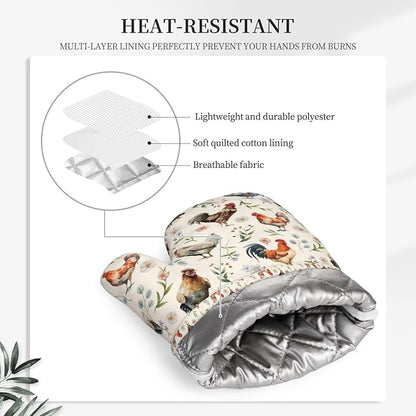 Cute Chicken Oven Mitts and Pot Holders Set, Heat Resistant & Non-Slip Silicone Oven Gloves for Handling Hot Pots, Pans, Baking, Grilling and BBQ