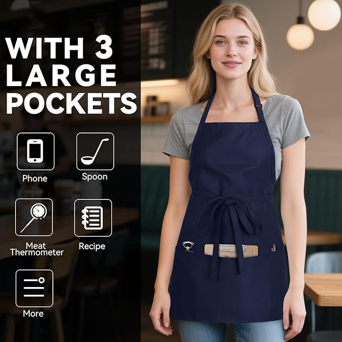 NLUS Kitchen Cooking Apron with 3 Pockets, Adjustable Bib Apron Chef Aprons for Women Men