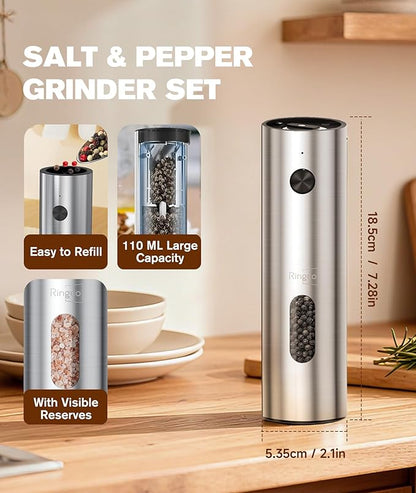 Electric Salt and Pepper Grinder Set with Charging Base, Rechargeable Salt and Pepper Mill with Adjustable Coarseness, LED Light, 110ml Large Capacity for Kitchen, Outdoors, Gifts for Women