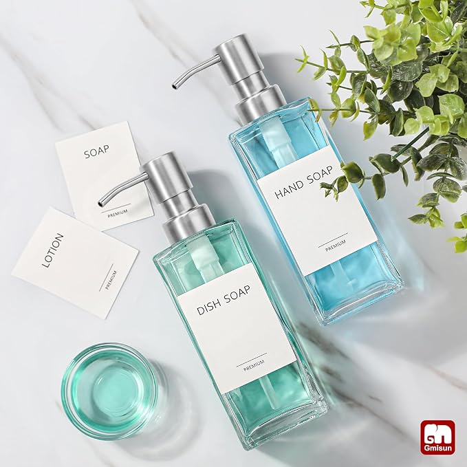 GMISUN Glass Soap Dispenser with Stainless Steel Pump, Clear Hand Soap Dispenser for Bathroom, 12 fl oz/350ml Hand and Dish Soap Dispensers Set for Kitchen, Refillable Liquid Soap and Lotion Bottle - Image 6