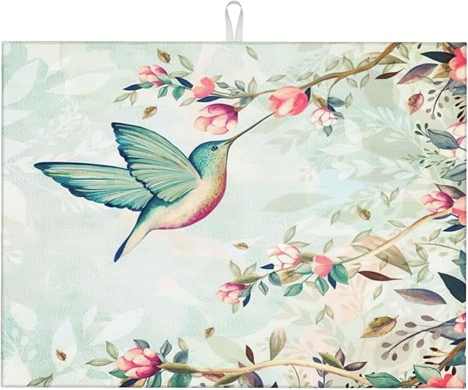 Hummingbird Flowers Dish Drying Mat 18x24 Inch, Microfiber Absorbent Fast Dry Mat Large Dish Mat Drying Kitchen Mat, Kitchen Drying Pad for Kitchen Counter Coffee Bar Decor Gifts