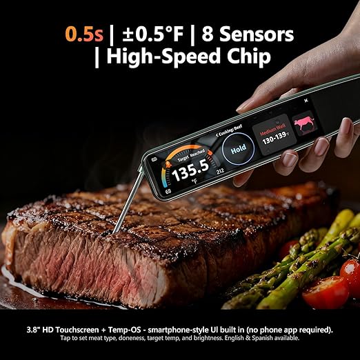 AWLKIM Digital Kitchen Thermometer for Cooking, 0.5-Second Instant Read Meat Thermometer, 3.8" Touchscreen, IP67 Waterproof Food Probe for BBQ, Grill, Candy, Oil, Baking | ±0.5°F, USB-C Rechargeable - Image 2