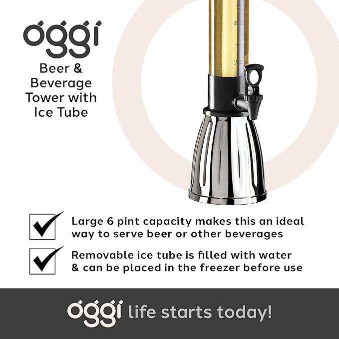 OGGI Beer Tower 88oz - Beverage Dispenser with Spigot & Ice Tube, Margarita Tower, Mimosa Tower, Perfect Drink Dispensers for Parties, Drink Tower, Holds 6 Pints of Beer – Stainless - Image 8