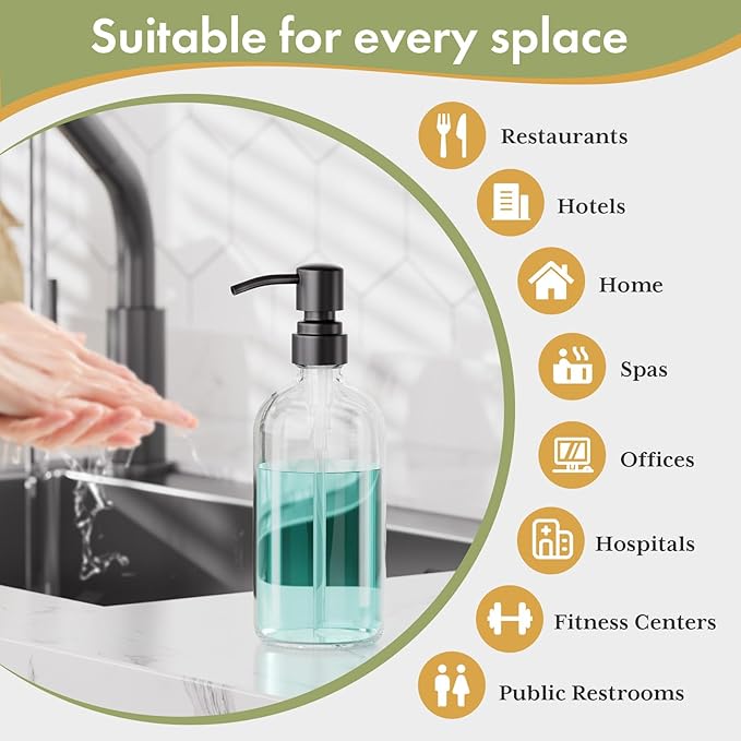 AmazerBath Soap Dispenser, 2 Pack Glass Soap Dispenser with Stainless Steel Pump, 17 Oz Bathroom Hand Soap Dispensers Bottle for Bathroom & Kitchen, Clear & Black - Image 5