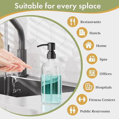 AmazerBath Soap Dispenser, 2 Pack Glass Soap Dispenser with Stainless Steel Pump, 17 Oz Bathroom Hand Soap Dispensers Bottle for Bathroom & Kitchen, Clear & Black - Image 5