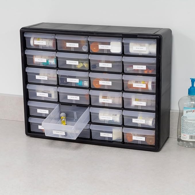 Akro-Mils 24-Drawer Plastic Drawer Storage Cabinet for Garage Organization, Bead Organizer, Building Bricks Storage, Teacher Toolbox, Makeup Organizer, 20" W x 6" D x 16" H, 10124 Black - Image 9