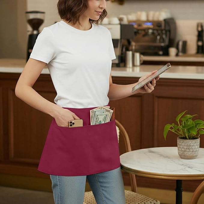 BOHARERS Waist Apron with 3 Pockets 12 Pack - Red Waitress Server Short Apron - Image 3