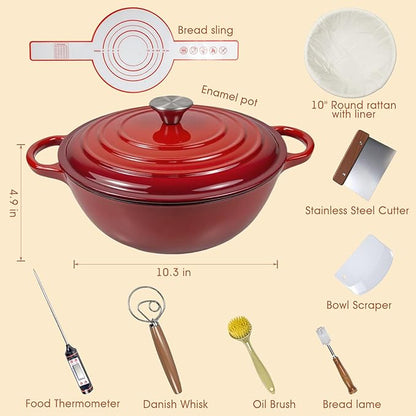 5QT Enameled Cast Iron Dutch Oven for Bread & Multi-Cooking – Complete Sourdough Starter Kit with Lid ,Probe Thermometer, Proofing Basket, Silicone Sling & Gift Packaging Bags,Oven Safe up to 500°F(Red)