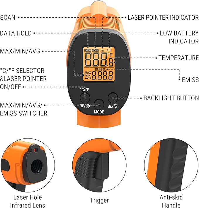 TempPro TP30 Infrared Thermometer Gun, Laser Thermometer for Cooking, Pizza Oven, Griddle, Engine, HVAC, Temperature Gun with Adjustable Emissivity & Max Measure -58°F ~1022°F (Previously ThermoPro) - Image 8