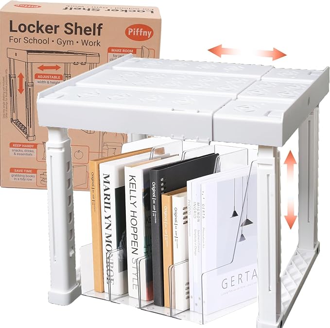 Piffny Locker Organizer Shelf， Adjustable Width and Height, Stackable, Ideal Locker Shelf for School, Office, Gym Lockers, or Even Kitchen Cabinets & Under Sink Organization (White 1 Pack) by Piffny
