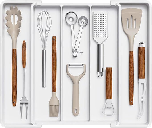 Lifewit Utensil Organizer for Kitchen Drawers, Expandable Cooking Utensil Tray, Adjustable Cutlery Silverware Flatware Holder, Plastic Spatula Tools Storage Divider, 11-18 x 14", White by Lifewit