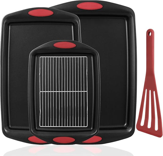 5-Piece Nonstick Baking Pans Set - Premium Carbon Steel Bakeware with PFOA/PFOS/PTFE-Free Coating, Red Silicone Handles (Black Red) by Unknown