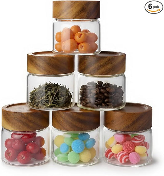 6-Pack 6 fl oz Stackable Airtight Glass Jars (with Acacia Wood Lids + Sticker Labels) – Small Mason Jars designed for overnight oats, spices, dry goods, and kitchen organization.
