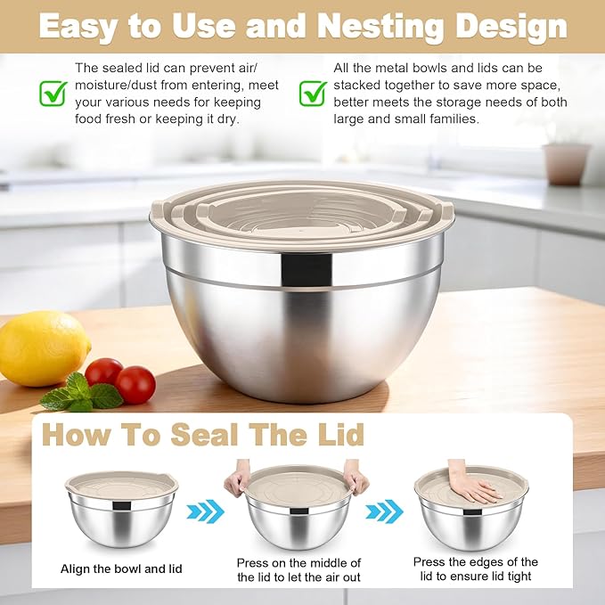 TeamFar Mixing Bowls, Stainless Steel Nesting Salad Bowls with Airtight Lids Set, For Serving/Mixing/Storing, Rust-proof & Heavy Duty, Dishwasher Safe, Set of 3-4.6/3 / 1.5 QT, Khaki - Image 7