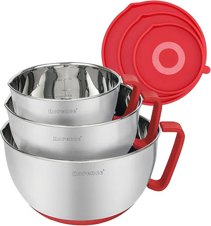 Rorence Mixing Bowls with Lids Set: Stainless Steel Mixing Bowls with Handles, Non-Slip Bottom & Pour Spout - Red, 3 quarts by Rorence