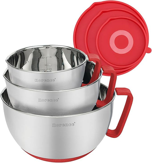 Rorence Mixing Bowls with Lids Set: Stainless Steel Mixing Bowls with Handles, Non-Slip Bottom & Pour Spout - Red, 3 quarts by Rorence