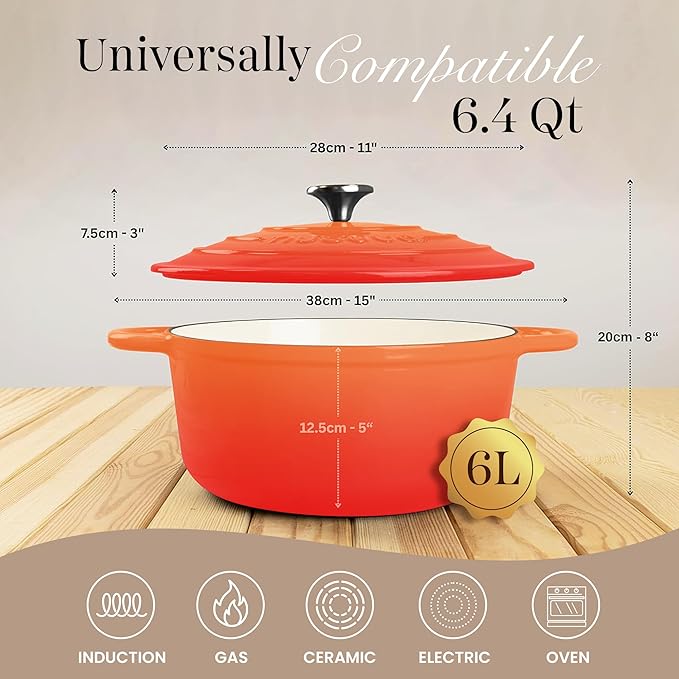 Nuovva Enamelled Cast Iron Dutch Oven Pot with Lid – 6.4 Quart Non Stick Casserole Pot – Heavy Duty & Oven Safe up to 500° F for Bread Baking, Braising, Stews, Roasting – 28cm Orange - Image 2