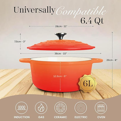 Nuovva Enamelled Cast Iron Dutch Oven Pot with Lid – 6.4 Quart Non Stick Casserole Pot – Heavy Duty & Oven Safe up to 500° F for Bread Baking, Braising, Stews, Roasting – 28cm Orange - Image 2