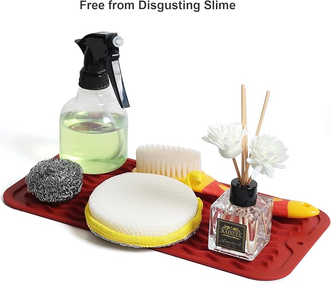 ZLR Silicone Sponge Holder & Sink Caddy Tray (6" x 12") - Narrow Dish Drying Mat for Kitchen Counter - Waterproof Soap Dispenser Organizer, Non-Slip Bathroom Vanity Tray (Lava Red) - Image 8
