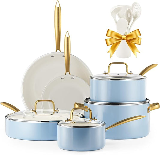 Ceramic Cookware Set, VONIKI 16 Pcs Pots and Pans Set Non Stick, Kitchen Cookware Sets with Cooking Utensils Set, Non Toxic Cookware Set White Gold Pan Set for Cooking Pot Oven & Dishwasher Safe, Gift by VONIKI