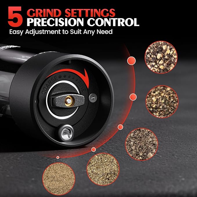 Electric Salt and Pepper Grinder Set Automatic Battery Pepper Mill Shakers Adjustable Coarseness Easy Filling Upgraded Larger Capacity with Led (1 Pack Black） - Image 2