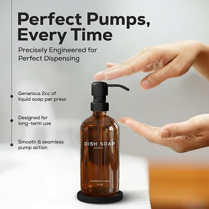 Amber Glass Dish Soap Dispenser for Kitchen Sink by Brighter Barns - Kitchen Soap Dispenser Set with Pump & Tray - Refillable Glass Bottle for Liquid - Modern Home Decor for Airbnb, Restaurant (Amber) - Image 4