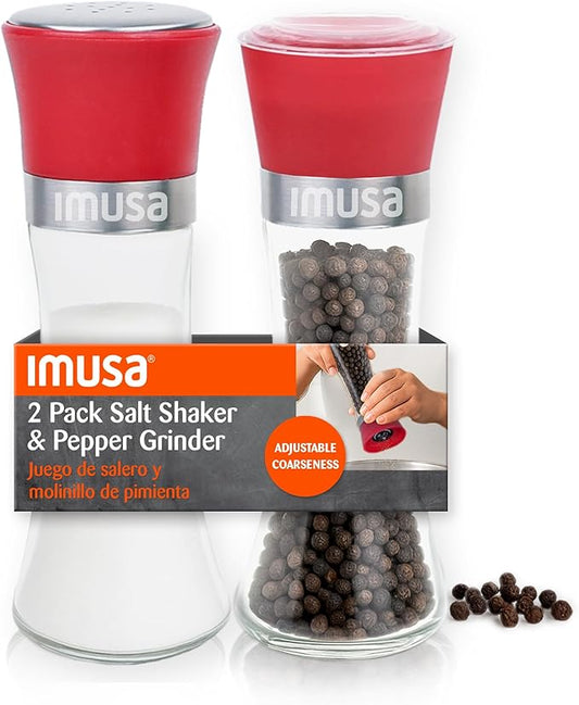 IMUSA Salt Shaker and Pepper Grinder Set – 2 Pack Glass Salt Shaker and Pepper Mill Set, Manual Adjustable Ceramic Core Pepper Grinder, 6 oz Capacity, Refillable Salt and Pepper Set for Kitchen