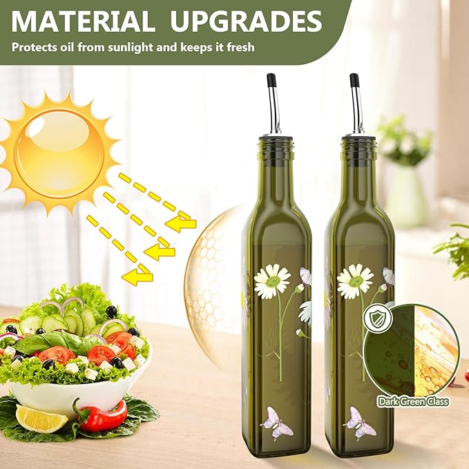 COOLMI Oil and Vinegar Dispenser Set - 17oz/500ML Premium Glass Olive Oil Dispenser Bottles for Kitchen, Oil Dispenser for Kitchen(Daisy) - Image 2