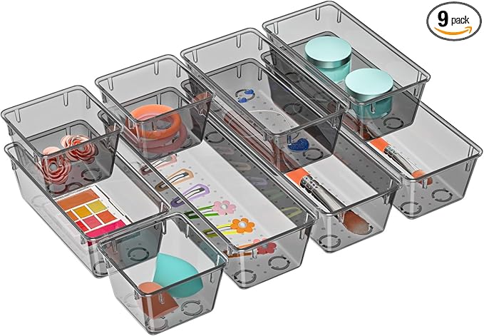 WOWBOX 9 Pack Clear Drawer Organizer Set, Acrylic Drawer Storage Trays, Storage Bins for Makeup, Cosmetics, Jewelries, Utensils, Gadgets, Office, Black by WOWBOX