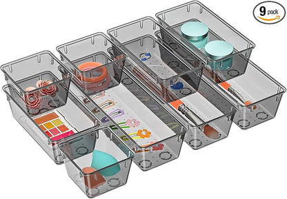 WOWBOX 9 Pack Clear Drawer Organizer Set, Acrylic Drawer Storage Trays, Storage Bins for Makeup, Cosmetics, Jewelries, Utensils, Gadgets, Office, Black by WOWBOX