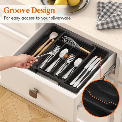 Lifewit Expandable Silverware Organizer, Plastic Utensil Tray for Kitchen Drawer, BPA Free Flatware Cutlery Holder, Space-Saving Storage for Spoons Forks Knives, 8.5-14 x 12 x 1.5 inch, Black - Image 7