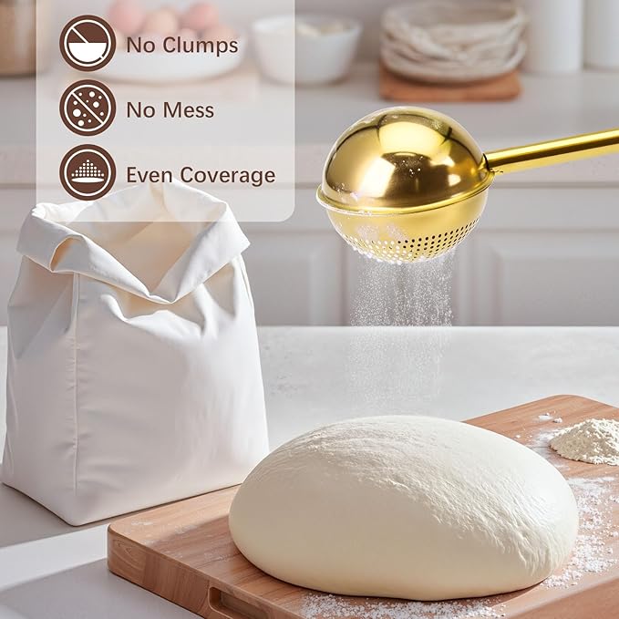 HULISEN Flour Duster for Baking, One-Handed Operation, 304 Stainless Steel Powdered Sugar Shaker Duster, Pick Up and Dust Flour Sifter, Gift Package, Gold - Image 2