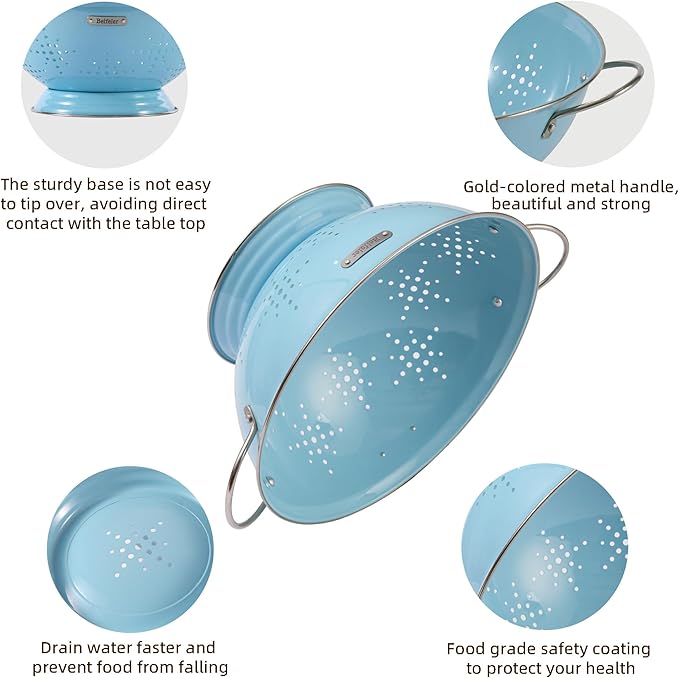Metal Colander 2 Pack, Strainer Bowel with Handles 2Qt & 6Qt Powder Coated Solid Ring Base Heavey Duty Kitchen Drainer Basket for Pasta Veggies and Fruits,New Home Apartment Essentials (ArcticBlue) - Image 5
