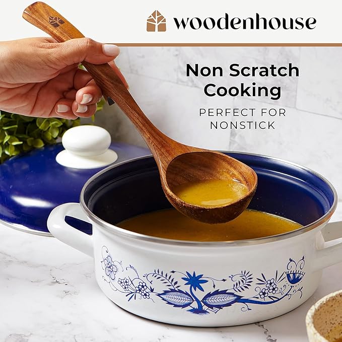 Wooden Ladle for Soup, 3 Size Teak Wood Ladle Spoon with Back Hooks for Pot & Bowl, Non-Stick Wooden Spoon Set for Cooking, Serving and Stirring - Image 4