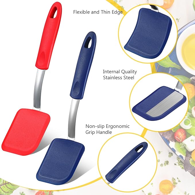 Silicone Cookie Spatula Turner 2 Pack Mini Brownie Spatula Flexible Kitchen Small Silicone Turner for Nonstick Cookware Heat Resistant No Scratch Flipper for Egg Pancake(Red,Blue) - Image 3
