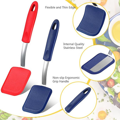 Silicone Cookie Spatula Turner 2 Pack Mini Brownie Spatula Flexible Kitchen Small Silicone Turner for Nonstick Cookware Heat Resistant No Scratch Flipper for Egg Pancake(Red,Blue) - Image 3