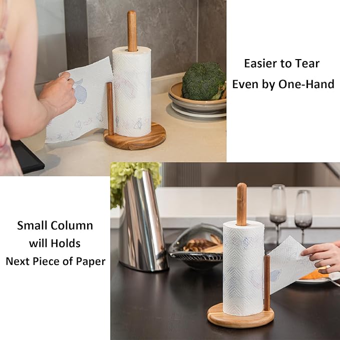 14" Acacia Wooden Paper Towel Holder, 6.7" Large Heavy Base Wooden Kitchen Towel Roll Stand Organizer Free Standing, Rustic Farmhouse Paper Towel Holder Stand, Standing Paper Towel Roll Holders Wood
