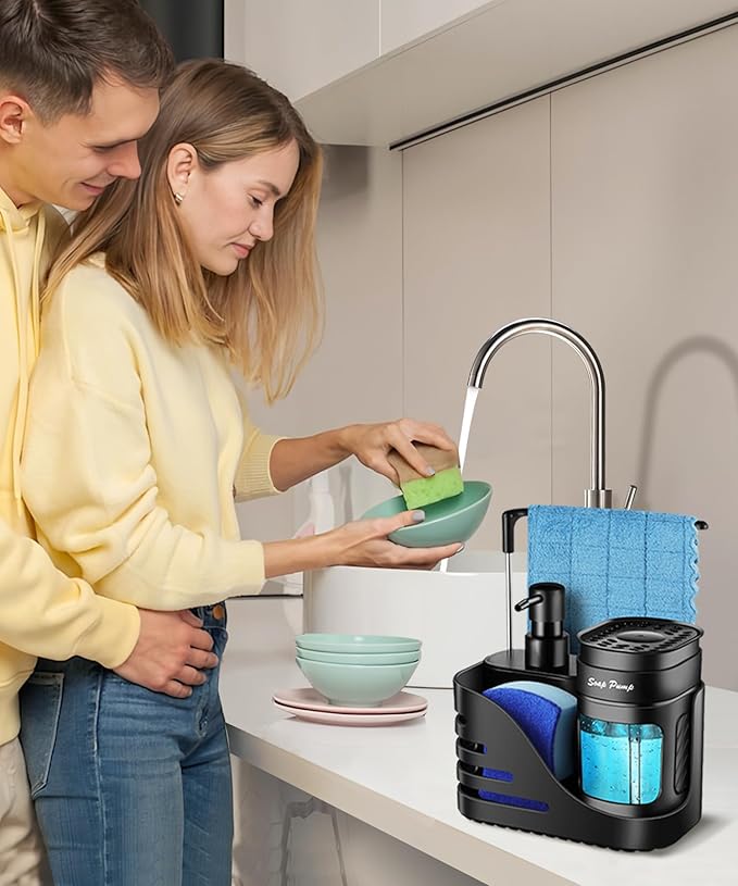 Kitchen Soap Dispenser Set, 4-in-1 Dual Hand and Dish Soap Dispenser with Sponge Holder and Dishcloth Holder for Kitchen Sink (Black) - Image 4